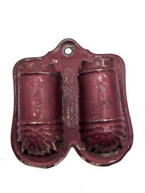 Antique Wall Hanging Match Holder Burgundy Red Tin 5 x 4.5" GUC